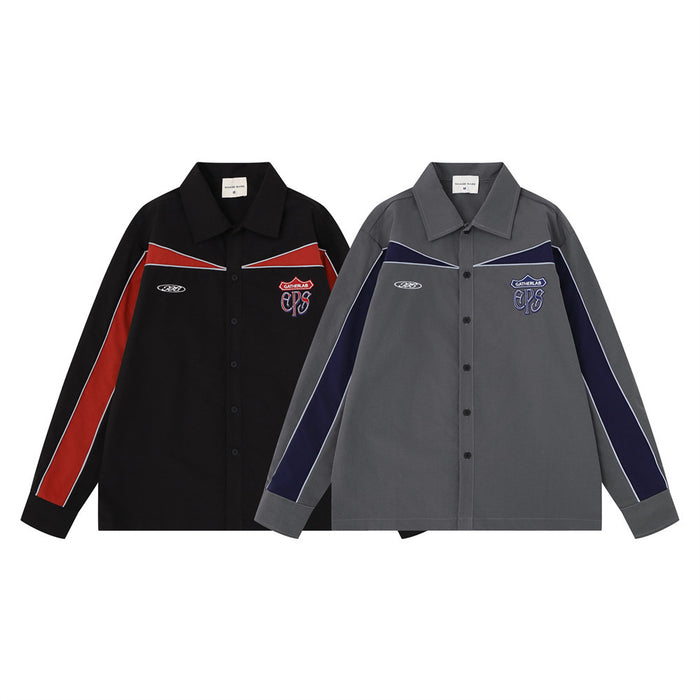 Two colorblock racing shirts shown front-facing in black with red panels and gray with navy panels
