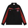 Men's black and red colorblock racing long sleeve button-up shirt with embroidered Gatherlab EPS badge and contrast piping