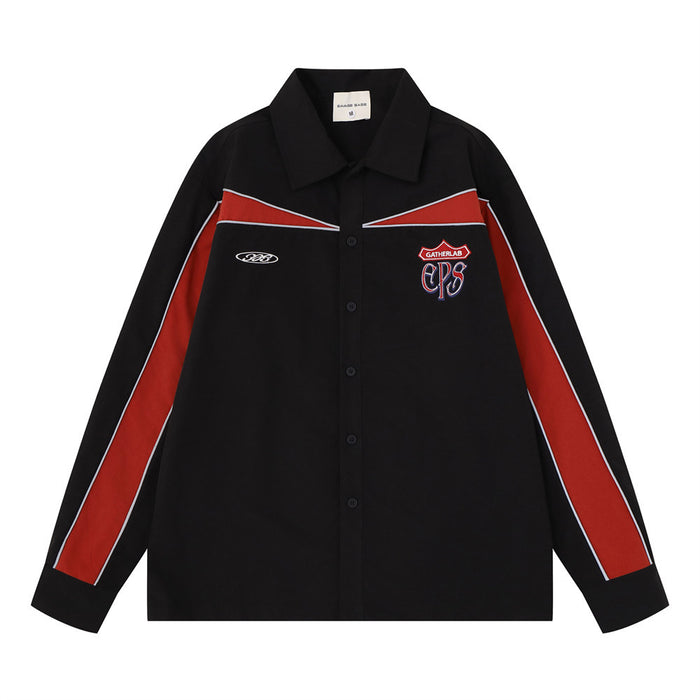 Men's black and red colorblock racing long sleeve button-up shirt with embroidered Gatherlab EPS badge and contrast piping
