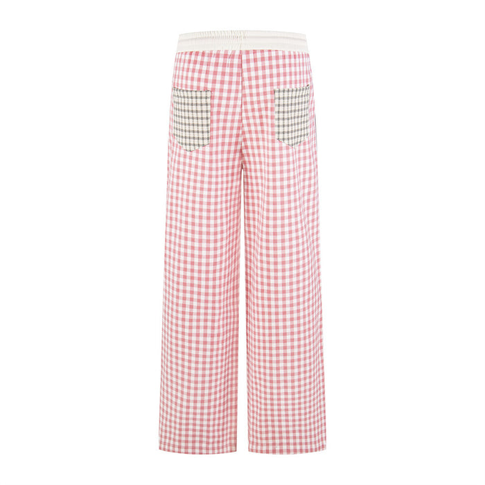 Pink gingham wide-leg pants with plaid contrast pockets and white waistband, back view