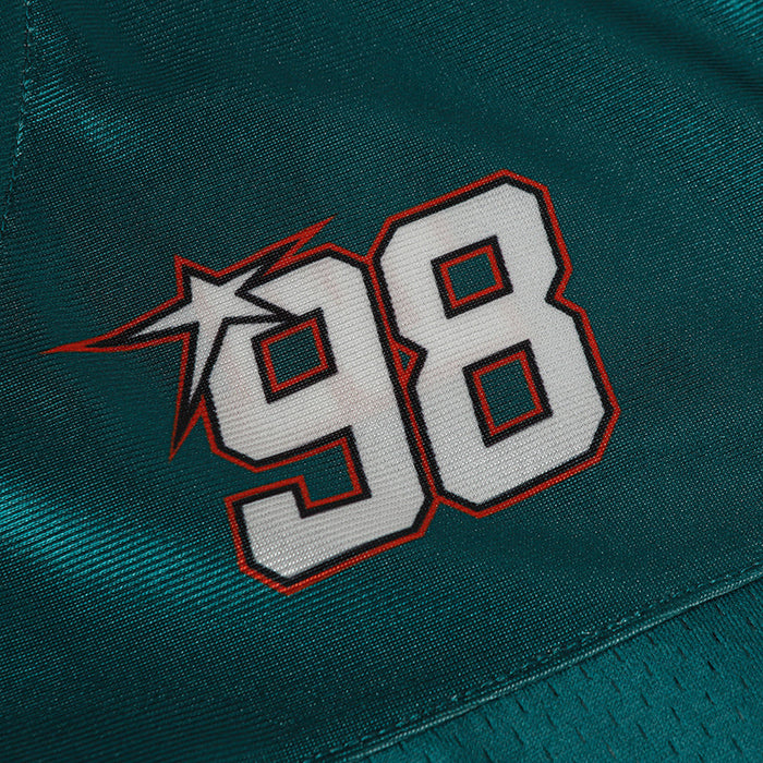 Teal streetwear sports jersey with bold white number 98 and star graphic on textured fabric