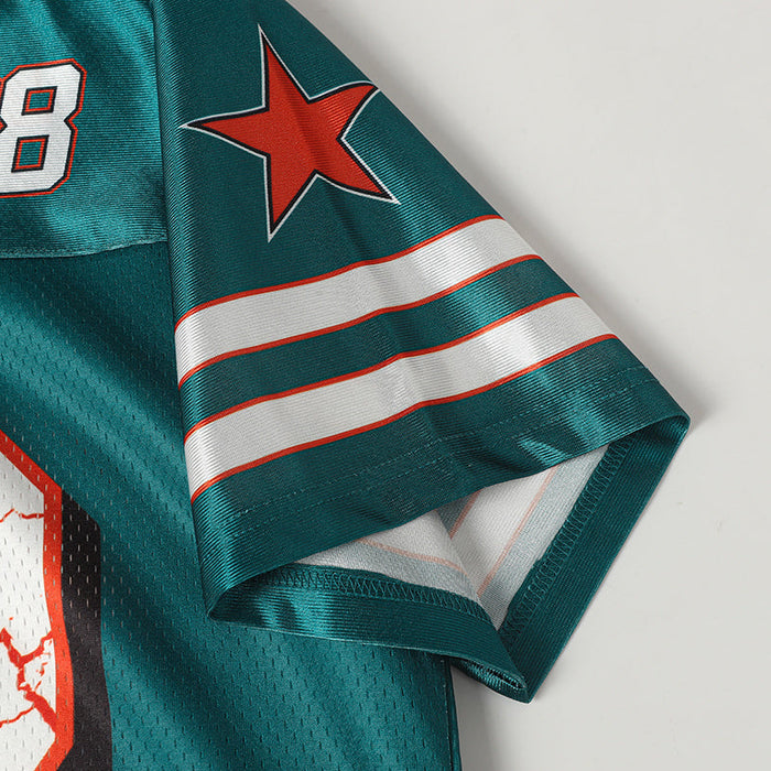 Teal streetwear football jersey sleeve with red star, white stripes, and cracked number 8 detail