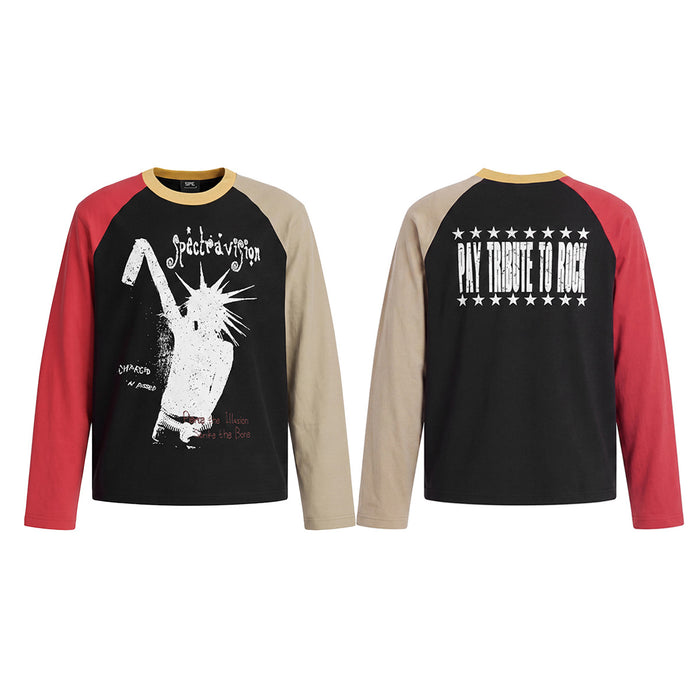 Black raglan long sleeve shirt with red and beige sleeves, shown in front and back views with graphic prints