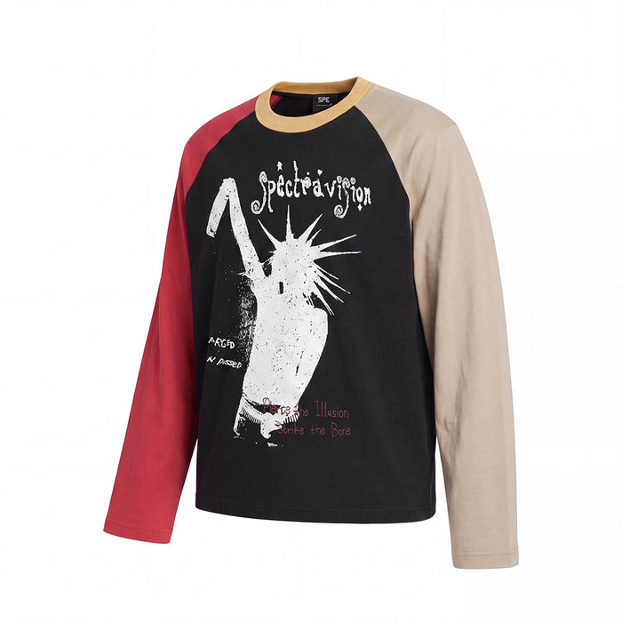 Angled front view of a black raglan shirt with red and beige sleeves and a distressed white raised-arm figure graphic