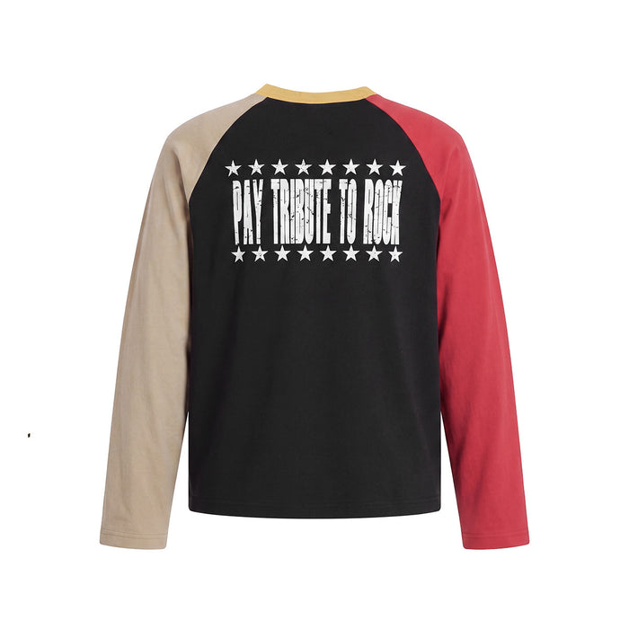 Back view of a black raglan long sleeve shirt with red and beige sleeves and a white star-bordered tribute print