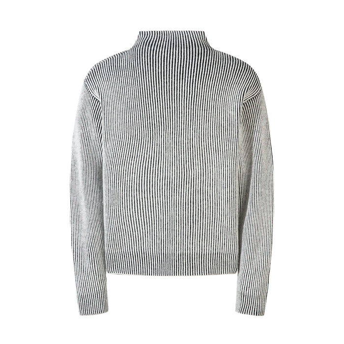 White ribbed knit sweater with black vertical stripes, back view