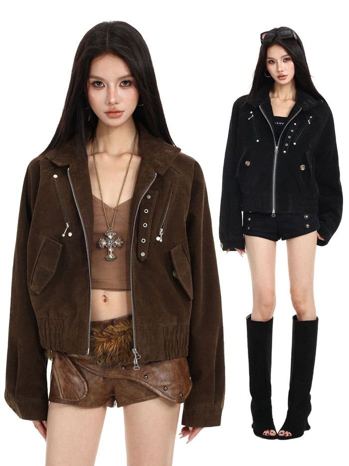 Cropped brown suede jacket shown on a model beside the same jacket in black with metal hardware