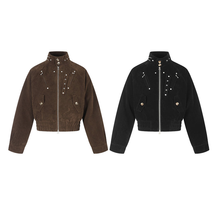 Cropped suede bomber jacket with metal studs and eyelets in deep brown, front view