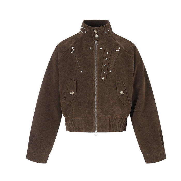 Front flat lay of a brown cropped suede bomber jacket with high collar, zipper, and flap pockets