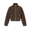 Front flat lay of a brown cropped suede bomber jacket with high collar, zipper, and flap pockets
