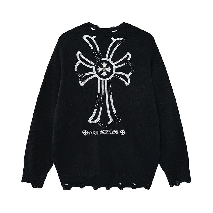 Black distressed knit sweater with oversized crewneck, large white embroidered cross and frayed hem and cuffs
