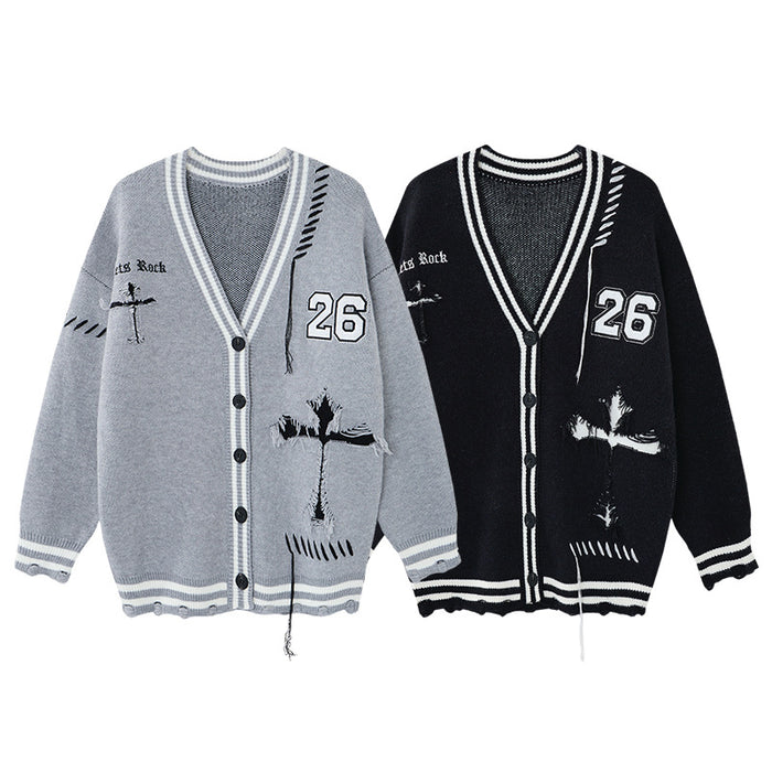Gray and black knit cardigans shown from the front with striped V-necks, button fronts, number 26 patches and distressed graphics