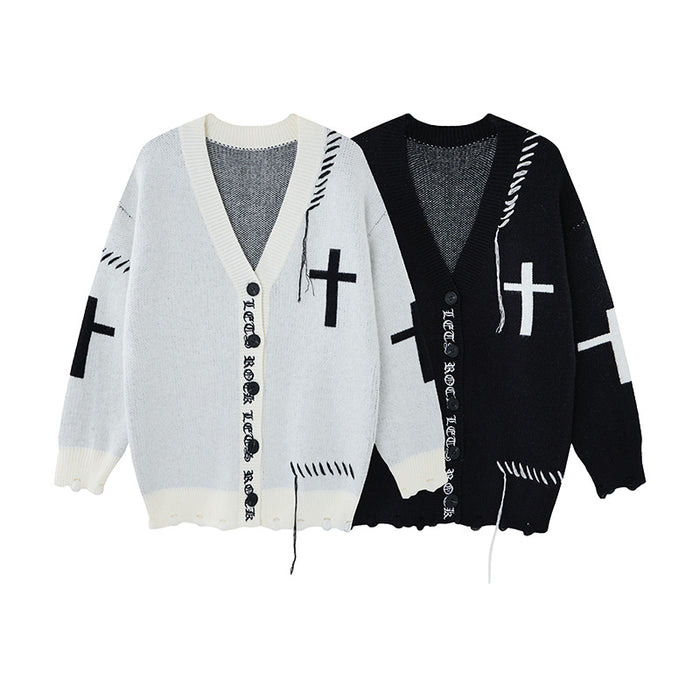 White and black distressed knit cardigans shown front-facing with V-necks, cross motifs, buttons, and loose threads