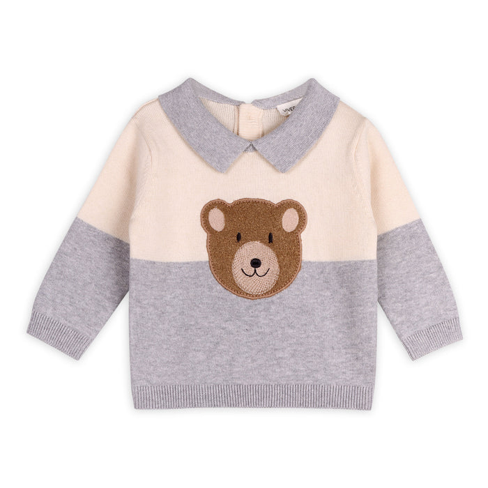 Cuddly Bear Applique Sweater Knit Collar Baby Pullover (Organic Cotton)