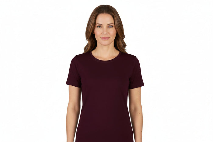 Dam t-shirt med rund hals i mörk bordeaux