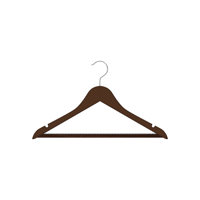 Lotus wood flat clothes hanger in dark brown with chrome hook