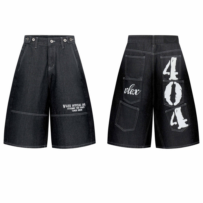 Front and back view of black oversized denim shorts with 404 graphic print and utility patch pockets