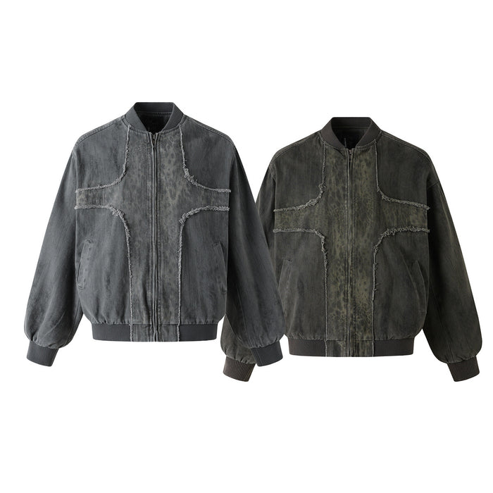 Two washed denim bomber jackets in gray and dark olive, shown from the front with frayed curved seams