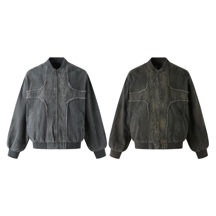 Gray and dark olive washed denim bomber jackets shown together from the front
