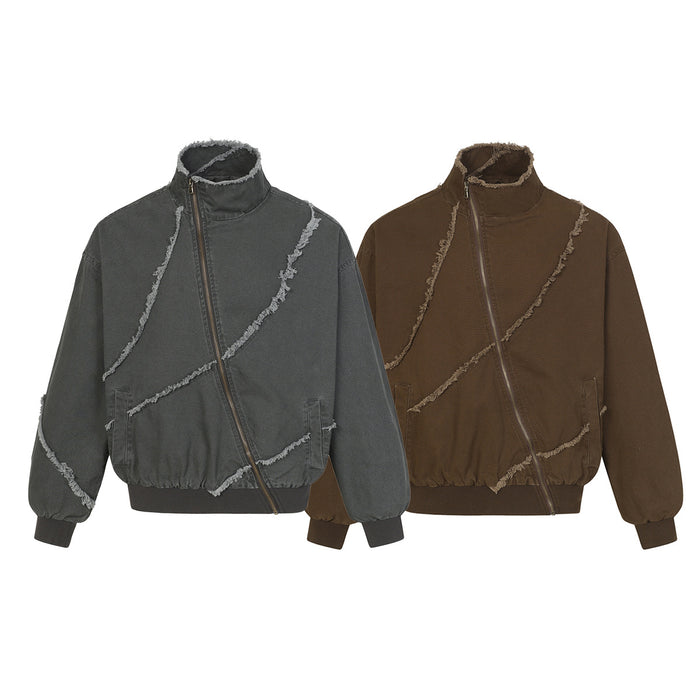 Front view of gray and brown bomber jackets with raised frayed seam detailing, zip fronts, high collars and ribbed cuffs