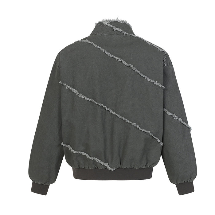 Back view of a gray bomber jacket with diagonal frayed seam details, elastic hem, high collar and ribbed cuffs