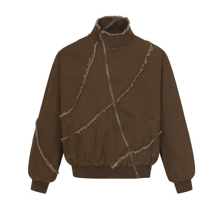 Front view of a brown bomber jacket with diagonal frayed seams, zip closure, high collar, pockets and ribbed cuffs