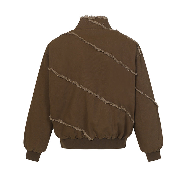 Back view of a brown bomber jacket featuring diagonal frayed seam detailing, gathered hem, high collar and ribbed cuffs