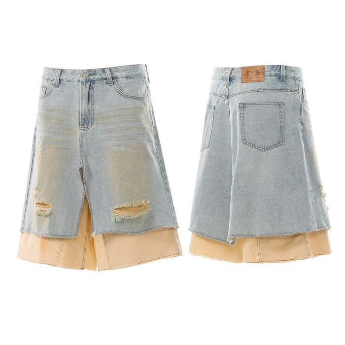 Distressed light blue denim skirt shorts with layered beige underlayer, front and back views