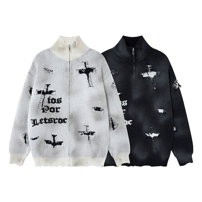 White and black zip-up knit cardigans with high collars, distressed holes, and black cross-like graphics shown front-facing