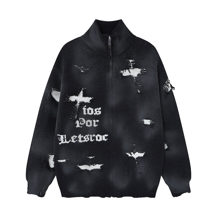 Oversized distressed cross jacquard zip-up knit cardigan sweater in black with ripped holes and gothic lettering