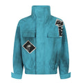 Distressed teal high-collar bomber jacket with graphic patches and cargo chest pockets, front view