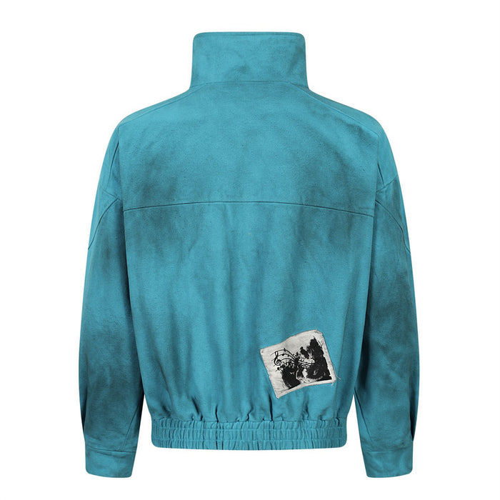 Teal distressed bomber jacket back view with high collar and small graphic patch at lower back