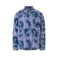 Oversized distressed plaid long sleeve shirt with dark green splatter print on blue check fabric, front view