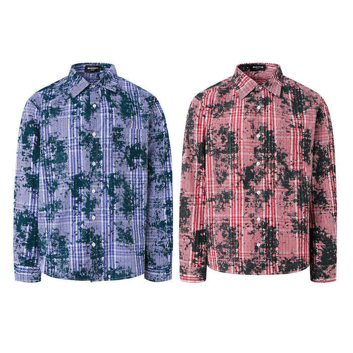 Blue plaid long sleeve button-up shirt with distressed dark green blotches, front view and red version beside it