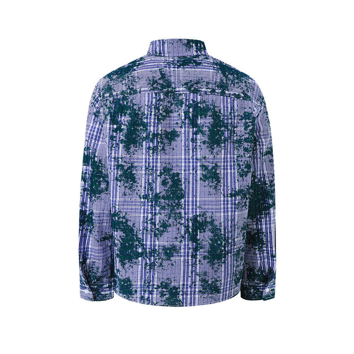 Blue plaid distressed button-up shirt shown from the back