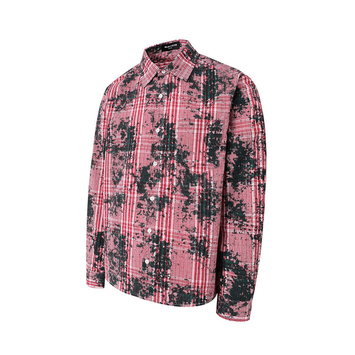 Red plaid button-up shirt with distressed black pattern, angled front view
