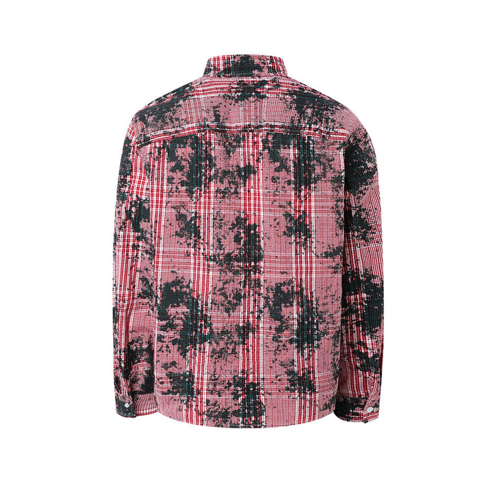 Red plaid distressed long sleeve shirt shown from the back