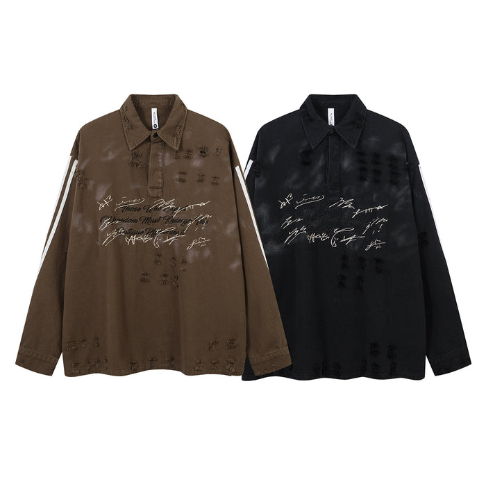 Front view of brown and black distressed polo shirts with white sleeve stripes and script chest prints