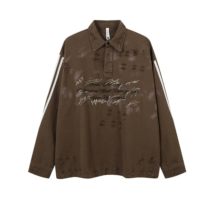 Oversized distressed washed polo shirt in coffee brown with white stripe sleeves and cursive script chest print