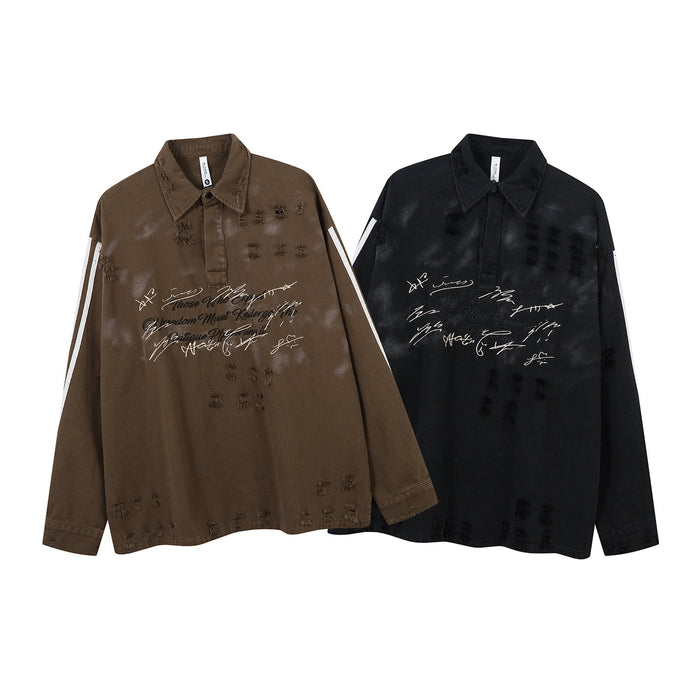 Front view of brown and black distressed polo shirts with collared plackets, striped sleeves, and script prints