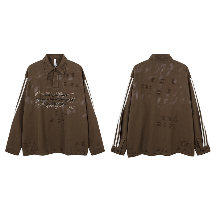 Brown distressed polo shirt shown from the front and back with white sleeve stripes and frayed detailing