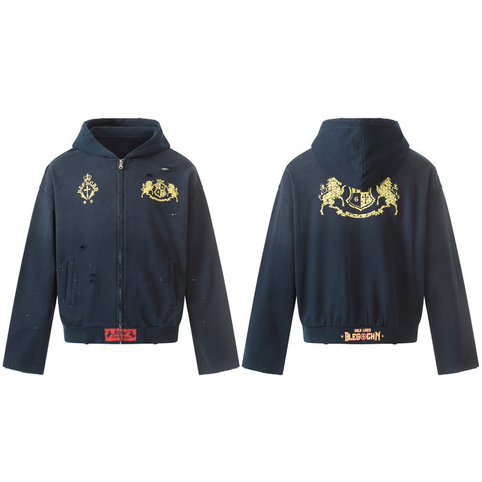 Navy distressed zip-up hoodie with gold heraldic crest and lion graphics, front and back view
