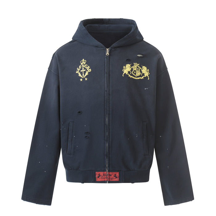 Navy distressed zip-up hoodie displayed flat with hood, front pockets, gold chest graphics and red hem patch