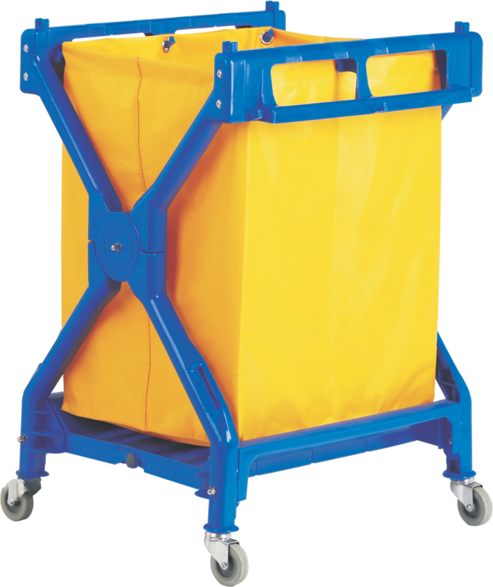 Folding X-frame laundry linen trolley in blue with removable canvas bag