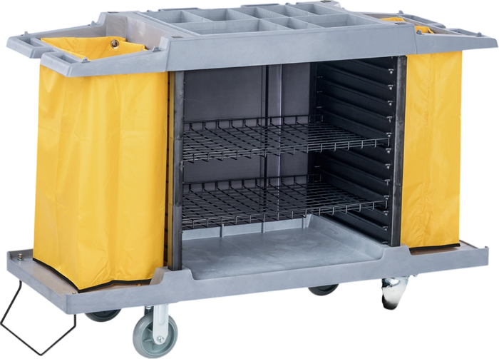 Commercial housekeeping trolley in grey with sorting boards and side linen bags