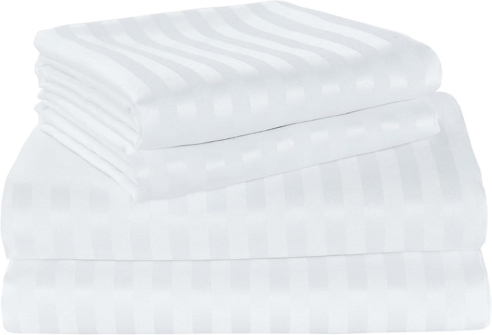Dolphy Linen 250TC satin stripe white bed linen on a made hotel bed