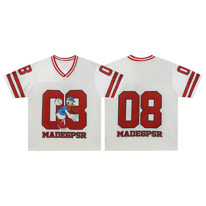 White football jersey with Donald Duck number 08 graphic and red contrast striping, front and back view