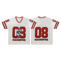 White football jersey with Donald Duck number 08 graphic and red contrast striping, front and back view