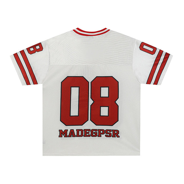 White graphic football jersey with red striped sleeves and large 08 print on the back in streetwear style