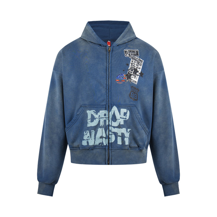 Oversized acid-washed indigo blue zip-up hoodie with Drop Nasty graffiti print on front and collage graphic on back